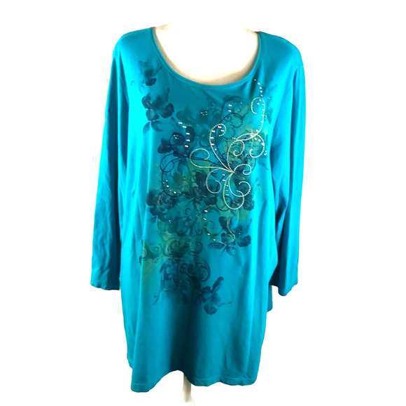 Laura Scott Women Long Sleeve T Shirt Size 2 X Turquoise Blue Rhinestone... - Picture 1 of 9